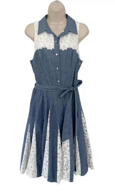 Betsey Johnson Women's Sz 10 Blue Chambray White Lace Sleeveless Collared Dress