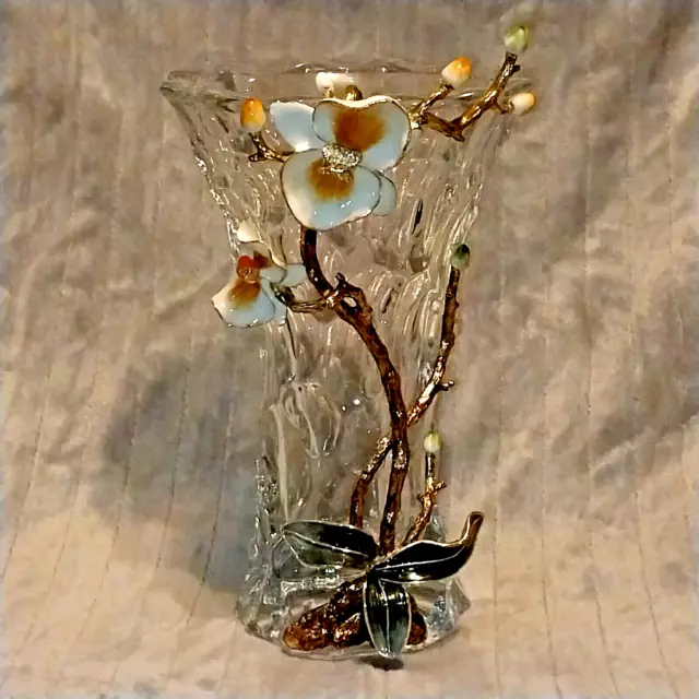 Venetian Pougine Lead Crystal Enameled Vase "Orchid Love Vase" 13"