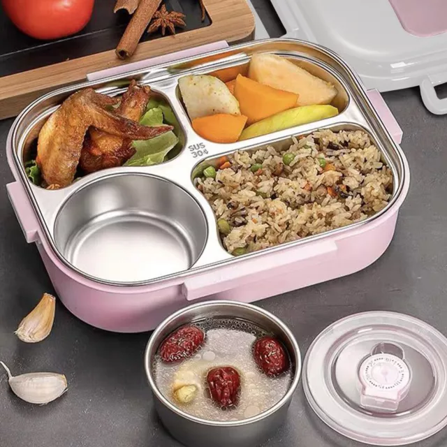 1500ml Lunch Box 4 Compartment Student Spoon Chopsticks Anti Spill Microwavable