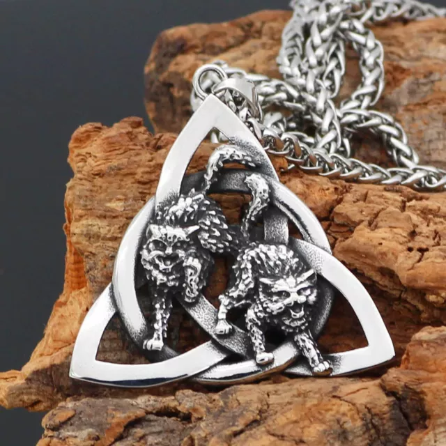 Norse Viking Tribal Stainless Steel Cat Pendant Necklace With Valknut Gift Bag 3