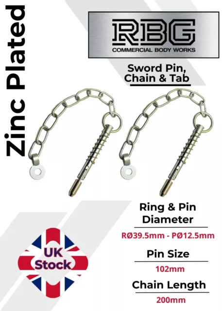 2X Sword Pin and Chain 12.5mm x 102mm | Spring Loaded, Retaining Cotter Pin