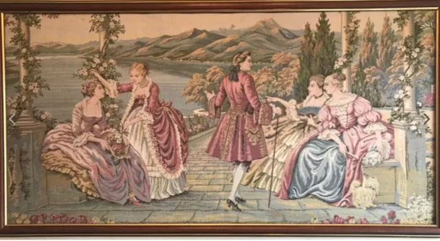 Vintage Very Fine Needle Work Tapestry Victorian Scene Large 40” Wide Framed VGC