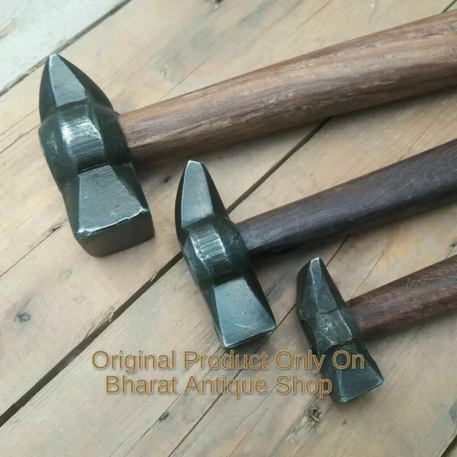 Set of 3 Black Iron Hammer Blacksmith Wooden Handle