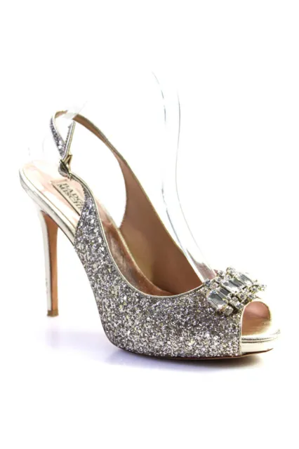 Badgley Mischka Womens Glitter Crystal Slingback Peep Toe Pumps Silver Size 8