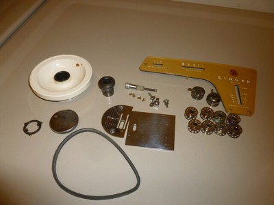 Vintage Singer Sewing Machine 237 Parts, Plates, Belt, Bobbins, Wheel