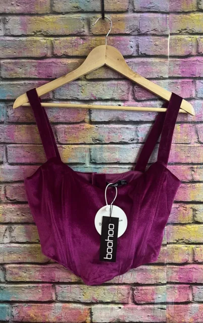 Boohoo Dark Red Velvet Corset Short Cropped Top Brand New With Tags Size 14 Uk