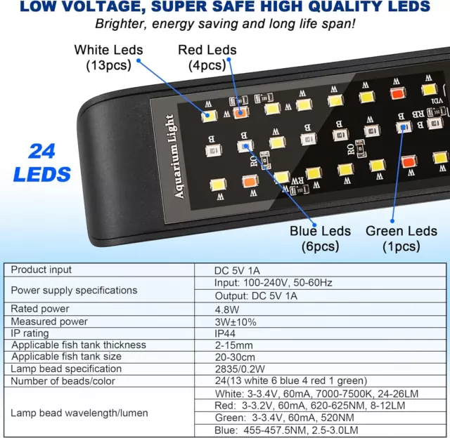 LED Lampe D'Aquarium À Clip, [Lumière RVB + Blanche] 10 Niveaux De Luminosité Va 3