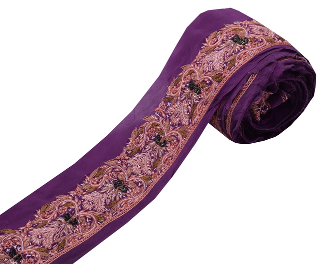 Sushila Vintage Purple Saree Border Indian Craft Sewing Trim Embroidered Ribbon