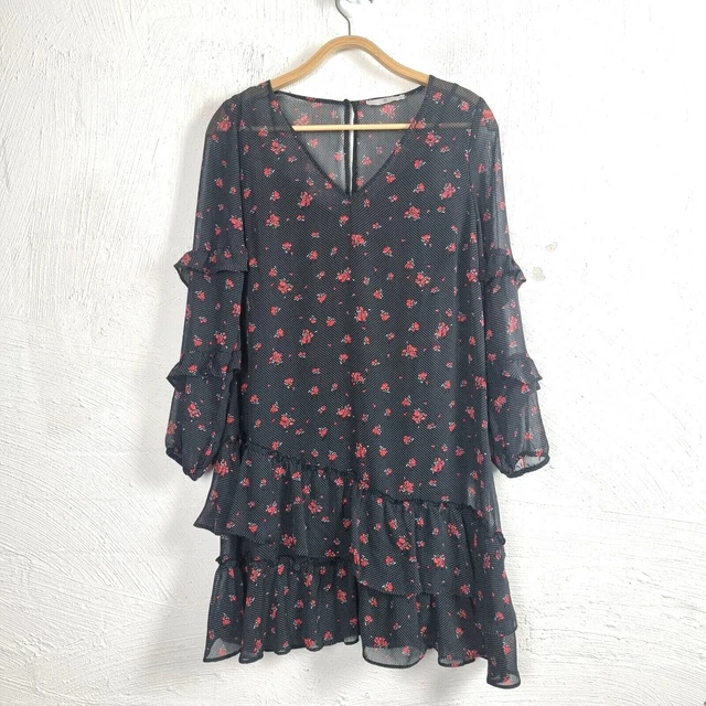 TARGET WOMENS DRESS Size 8 Black/White/Red Spot/Floral 3/4 Sleeve V