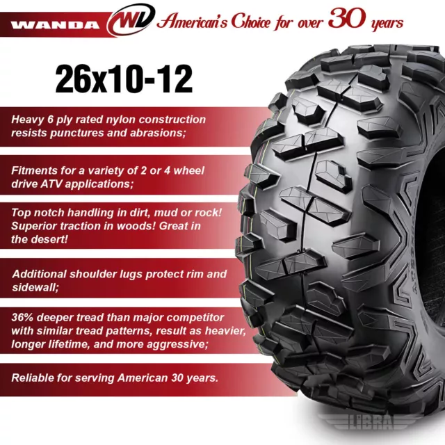 2 New WANDA UTV ATV Tires 26x10-12 26x10x12 6PR 10405 DEEP TREAD Big Horn Style 2