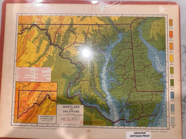 Vintage MARYLAND Map Topographic Original  Antique Delaware Washington DC