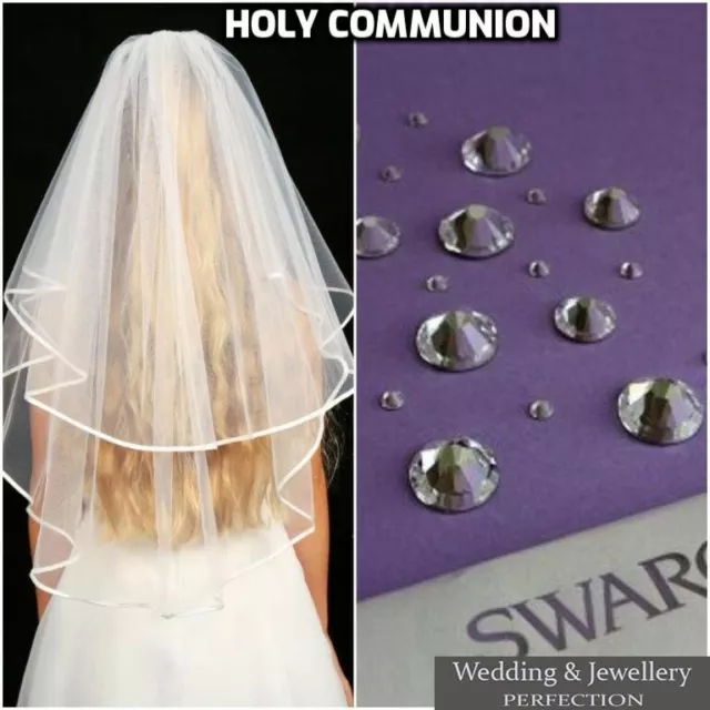 Girls 2 Tier White First Holy Communion Veil with Diamante Crystals Wedding Girl