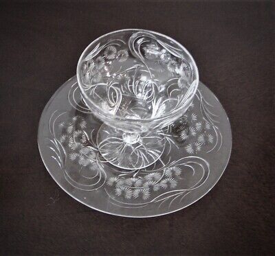 Unsigned ABP Gravic Intaglio Copper Wheel Engraved Sherbert Bowl & Under Plate