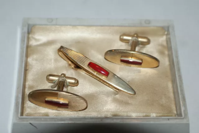 Vintage Anson Tie Clip and Cuff links Gold with Red Stone W/Original Box