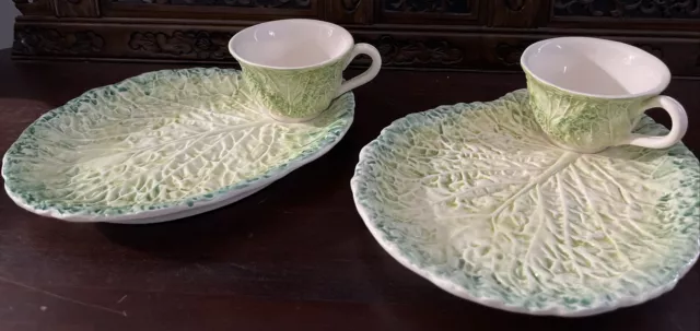 Set (2) RARE Majolica Style Ceramic Raised Cabbage Leaf Snack Sets ITALY. Signed