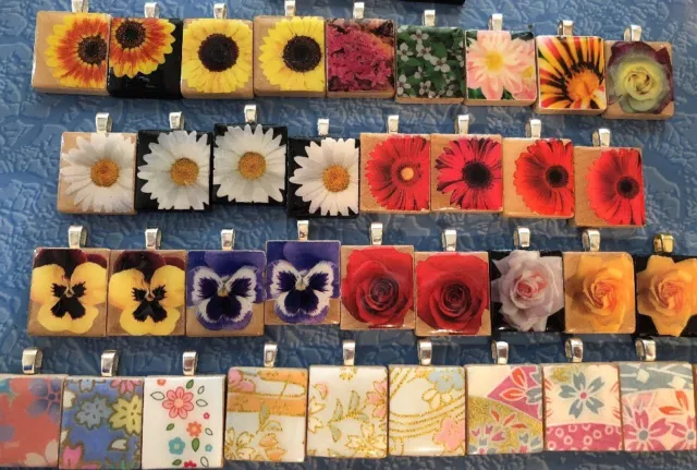 LOT 38 Sunflower Rose Daisy Scrabble Pendant Charms Handcrafted Flowers Gift #5