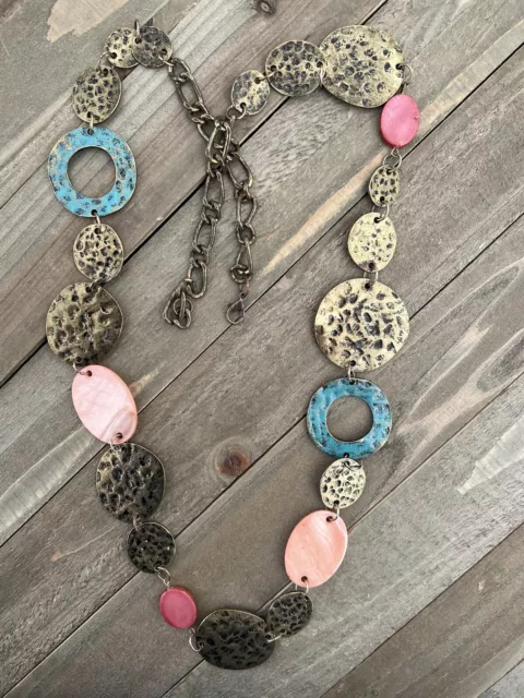 Distressed Metal Long Necklace Multi Color 36” Boho Vintage Estate