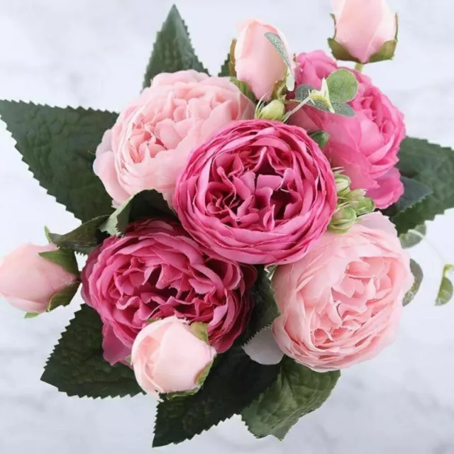 Artificial Peony Flowers Decor 9 Heads Bouquet Silk Rose Fake Party Wedding