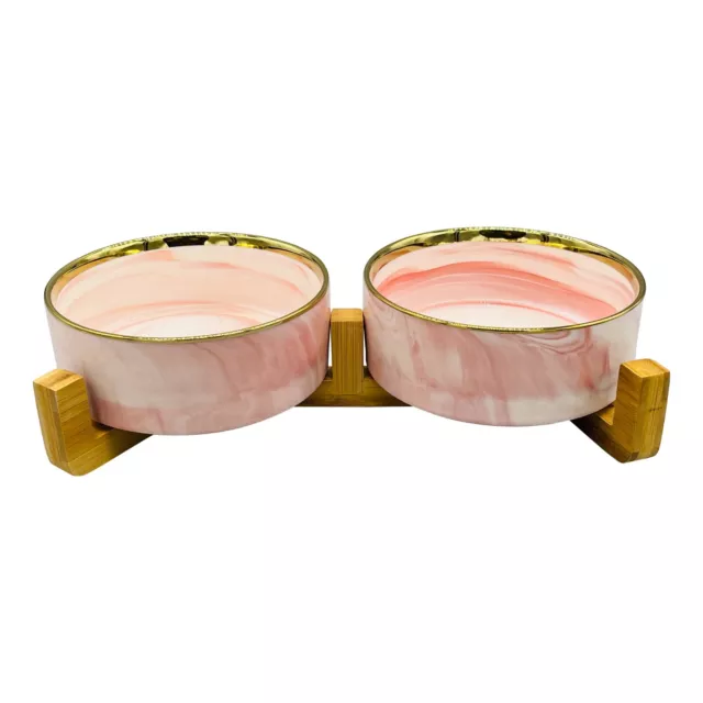 13cm Pink Marble Effect Ceramic Double Pet Water Food Bowl with Stand Dog / cat