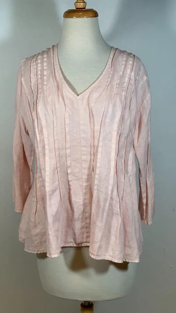 LUNA LUZ 100% Linen Pink Pleated 3/4 Sleeves Blouse Top Size Small