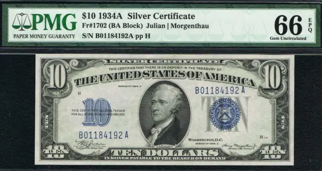 $10 1934A  Silver Certificate. Fr. 1702. BA Block. PMG 66 EPQ. Quality Note.