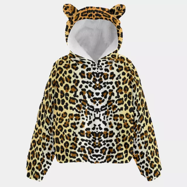 Leopard Print Kid’s Borg Fleece Hoodie with Ears