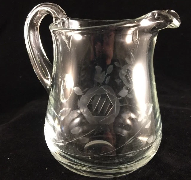Elegant Heavy Clear Glass Creamer - Etched Rose blown glass applied handle