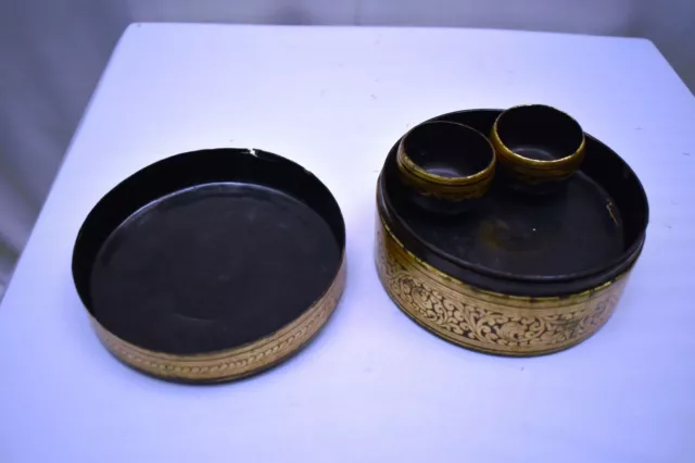 Antique Burmese Betel Nut Box Gilt Lacquerware Myanmar Floral Gold Painted King" 6