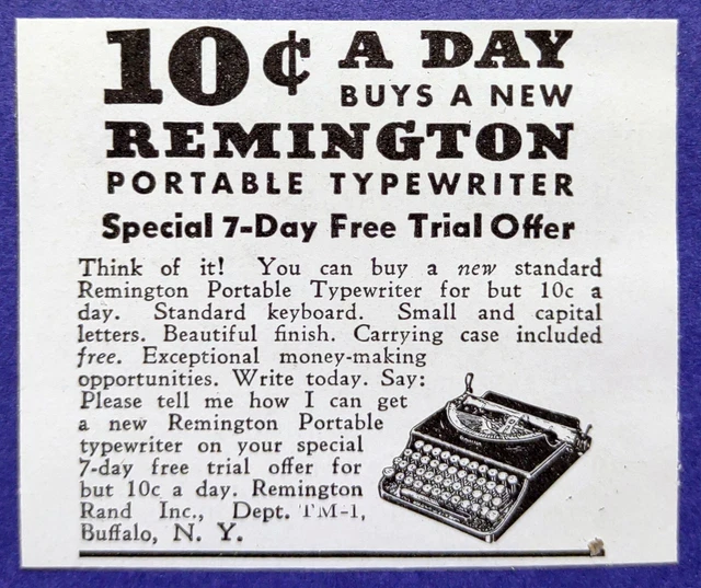 1933 Remington Portable Typewriter Vintage Print Ad 10 Cents a Day Buys 2.5 x 2"