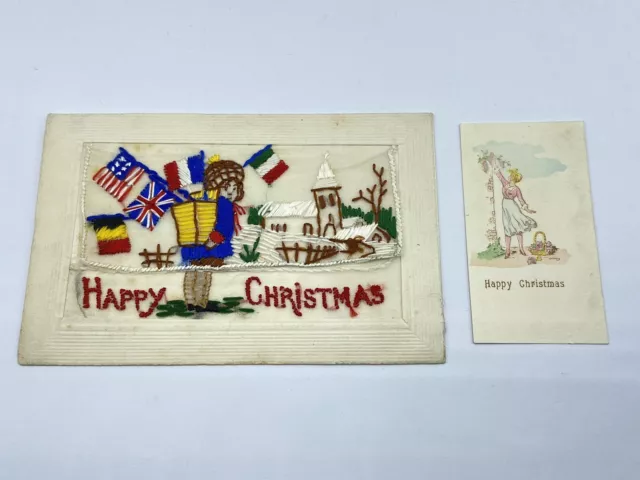 WW1 Embroidered Silk Happy Christmas Allied Flags Postcard