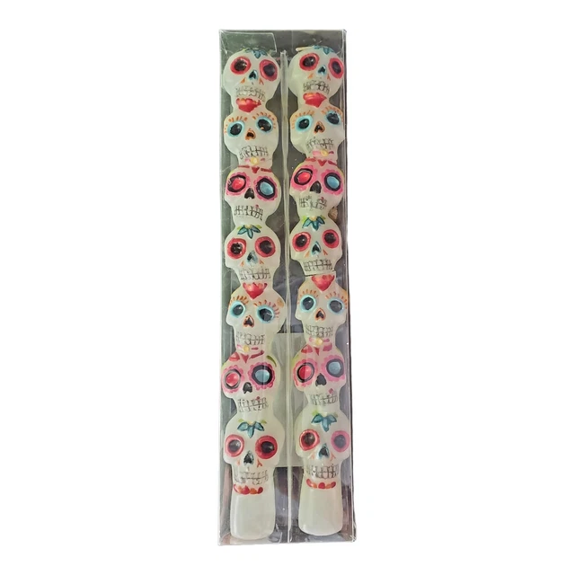 2 Colorful Sugar Skull Taper Candles Dia de los Muertos Day Of The Dead Altars