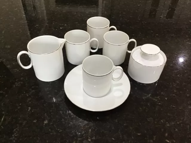 Thomas Sugar Bowl, Milk Jug ,4 Coffee Cups ,1 Saucer. Silver/platinum Thin Band
