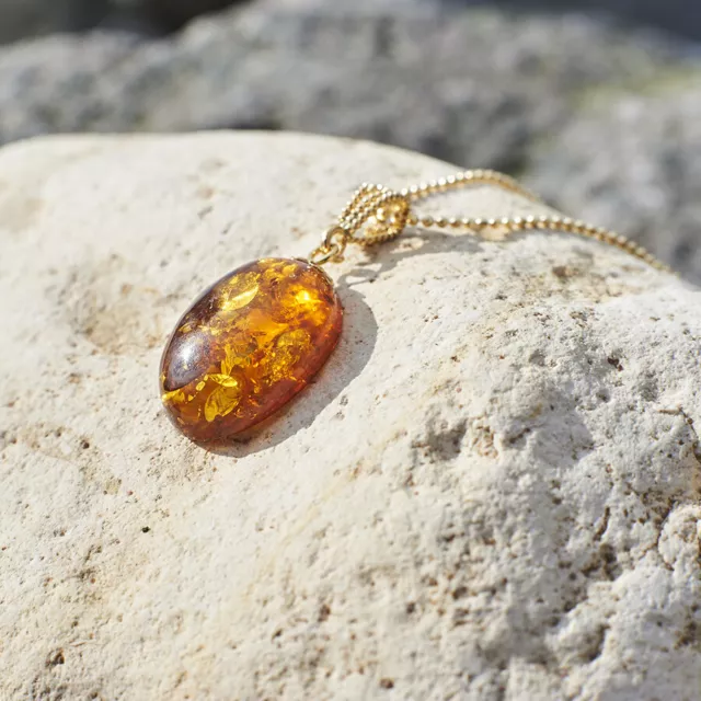 Handmade Gold-Plated Silver Amber Pendant Necklace - Natural Oval Amber Gift