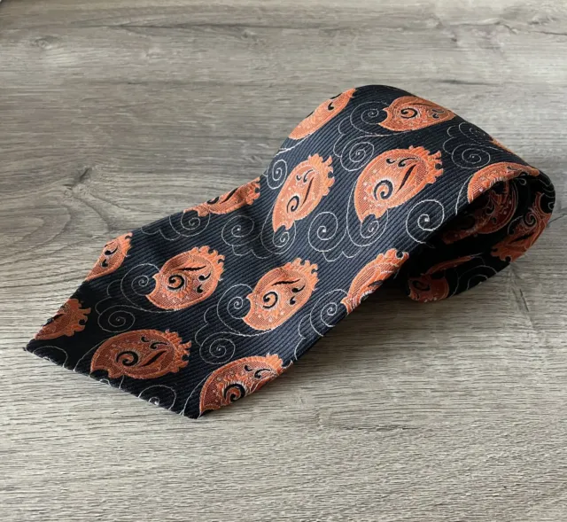 Vintage 1970s Orange & Black Paisley Patterned Kipper Tie