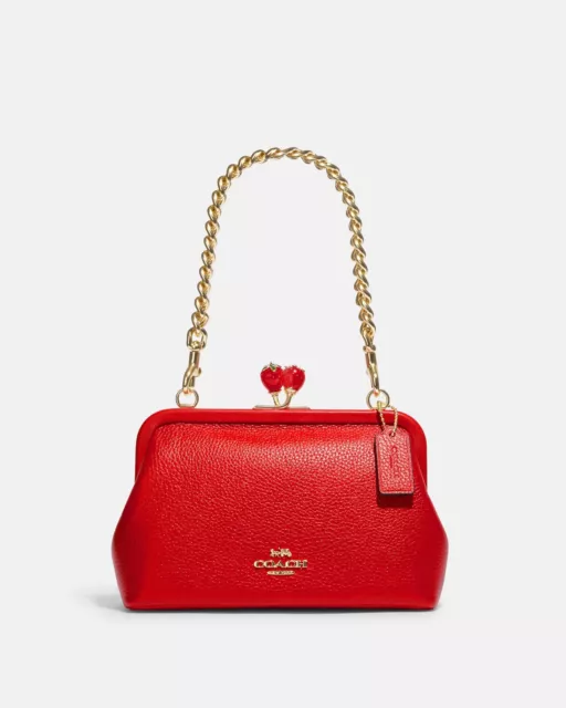 Coach Nora Kisslock Crossbody w/Strawberry - Pebble Leather In Electric Red NWT