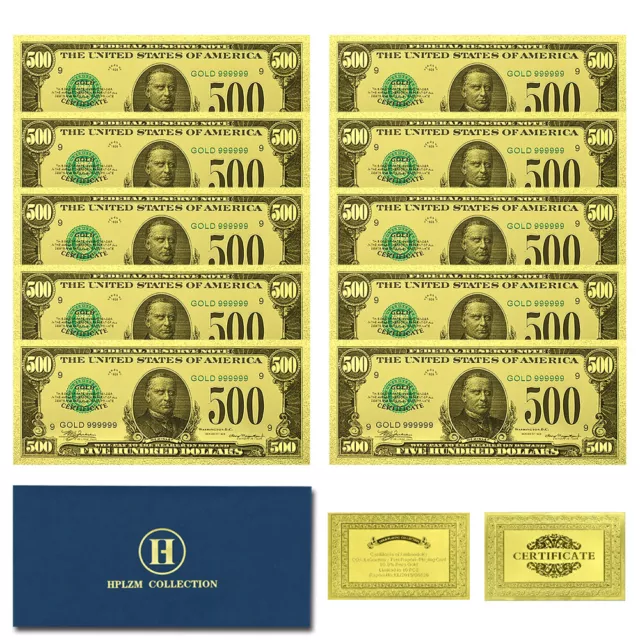 10pcs and Envelope US Dollar Gold Foil Banknotes 500 USD Uncurrency Collectibles