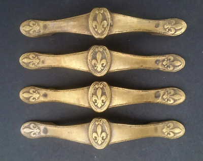 4x Ant. Vtg. Style French Fleur de Lis solid brass handles,  pulls, 5 5/8" w #P3