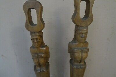 Set of 2 Vintage Carved Wood Igorot Wooden Philippines Figure Offering Bowl 19" 3