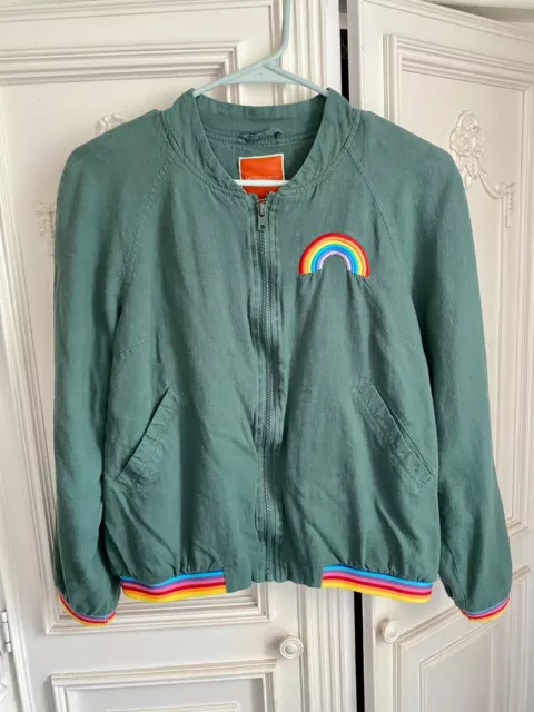 Modcloth green bomber jacket w/ embroidered rainbow & hem, women's size medium