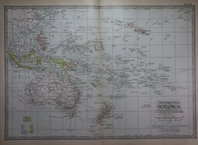 Old 1902 Century Atlas Map ~ SOUTH PACIFIC / OCEANICA ~(12x16) -#1181