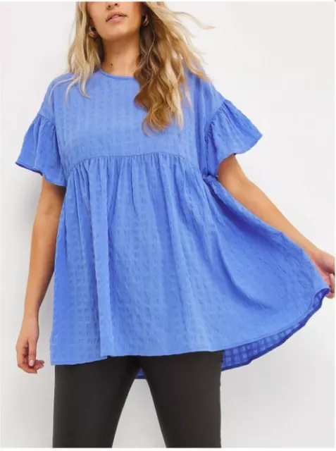 Top smock blu a maniche corte testurizzate manica corta taglia 24 nuovo