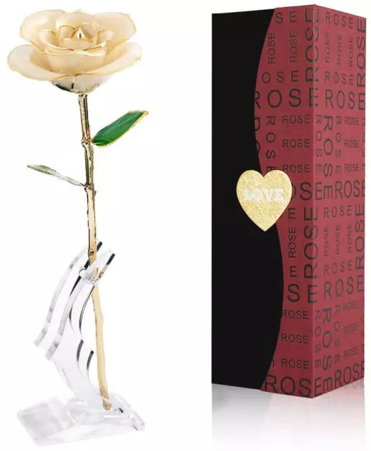 Gold Dipped Rose White,Dipped in 24K Gold-Long Stem Rose Flowers Artificial for