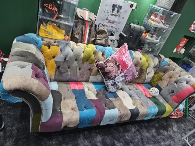 Unique Handmade 3 Seater Bright Multi Coloured  Fabric Chesterfield Sofa 2