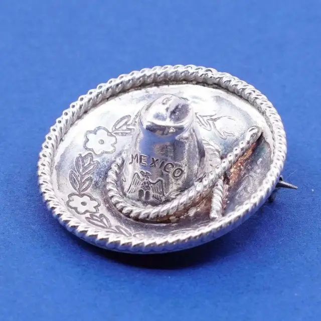 vtg sterling silver handmade brooch, 925 Mexico Sombrero Hat