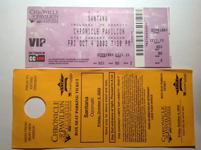 Carlos Santana  and Ozomatli ticket  with VIP parking pass.  {{FREE SHIPPING}}