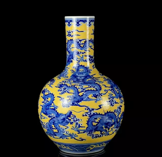 39CM Qianlong Signed Old Chinese Blue & White Yellow Glaze Porcelain Vase CK99