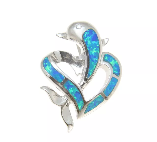 Inlay Opal Hawaiian Dolphin In Heart Solid 925 Sterling Silver Slider Pendant