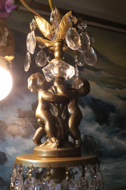 Vintage crystal prism Cherub hanging SWAG Lamp Chandelier brass spelter