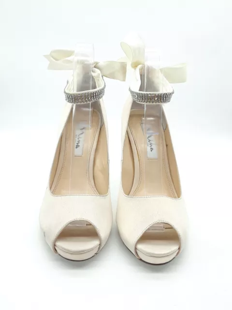 Nina Karen Women Shoes White Satin Ankle Strap Bow Heels Sz 9 M 2