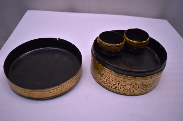 Antique Burmese Betel Nut Box Gilt Lacquerware Myanmar Floral Gold Painted King" 7